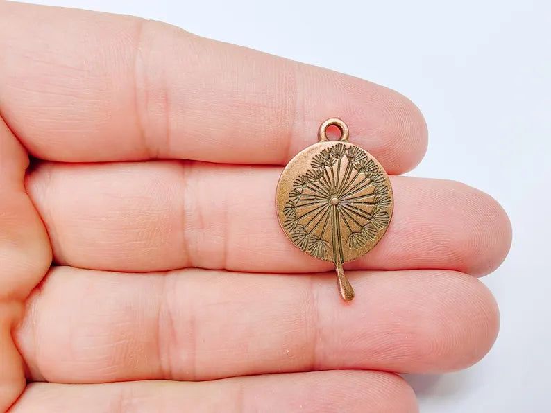 Dandelion Pendant, Botanical Wish Flower Charm, Boho Nature Necklace Part, Earring Making Supply, Antique Copper Plated 29x19mm G37194