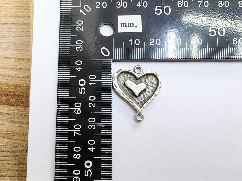 Double Heart Connector Charm, Heart Pendant, Romantic Boho Jewelry, DIY Bracelet Craft, Love Symbol, Antique Silver Plated 27x24mm G37195