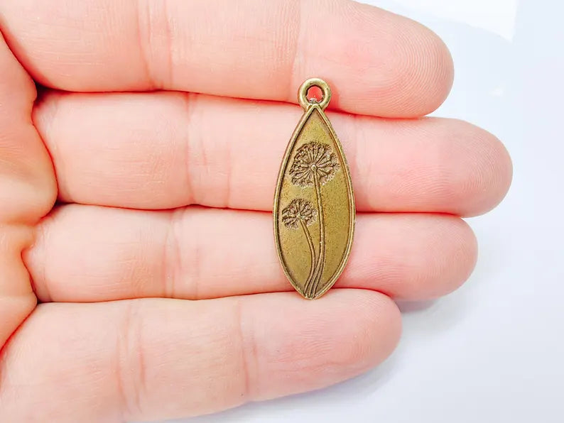 Dandelion Charm, Dandelion Flower Pendant, Wish Symbol Earring, Boho Nature Necklace Making Part, Antique Bronze Plated 36x13mm G37196