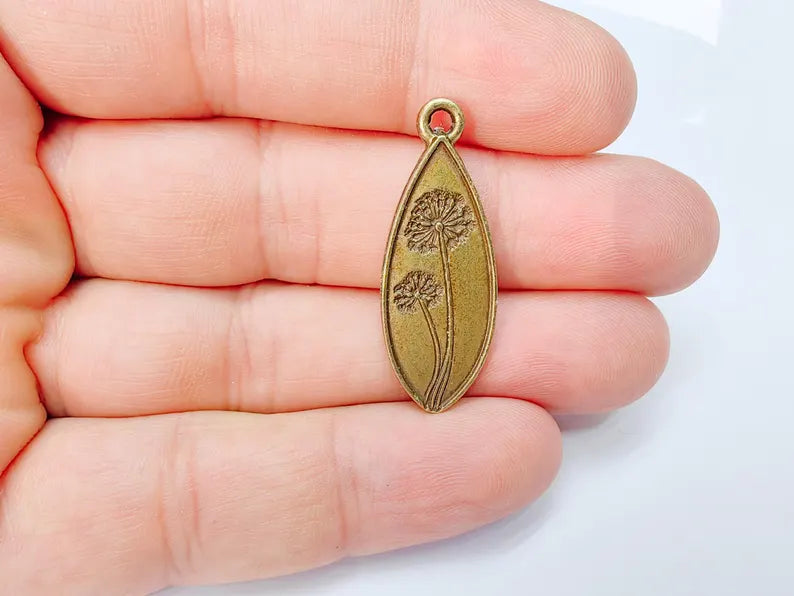 Dandelion Charm, Dandelion Flower Pendant, Wish Symbol Earring, Boho Nature Necklace Making Part, Antique Bronze Plated 36x13mm G37196