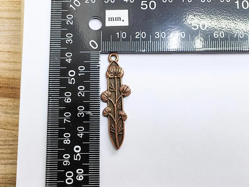 Thistle Flower Pendant, Slim Bronze Botanical Charm, Wild Nature Jewelry Part, Vintage Plant Supply, Antique Copper Plated 48x14mm G37197