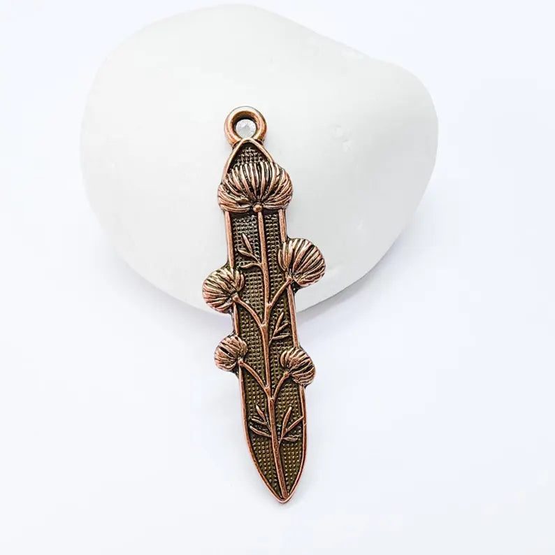 Thistle Flower Pendant, Slim Bronze Botanical Charm, Wild Nature Jewelry Part, Vintage Plant Supply, Antique Copper Plated 48x14mm G37197