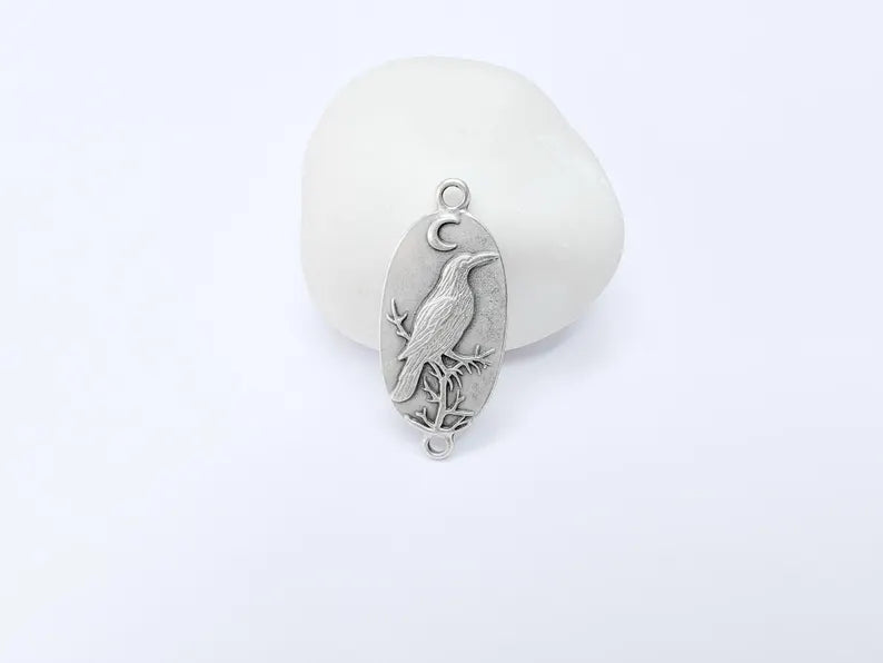 Raven Charm Connector, Gothic Boho Pendant, Bird and Moon Earring, Oval Celestial Mystical Necklace, Antique Silver Plated 38x17mm G37198