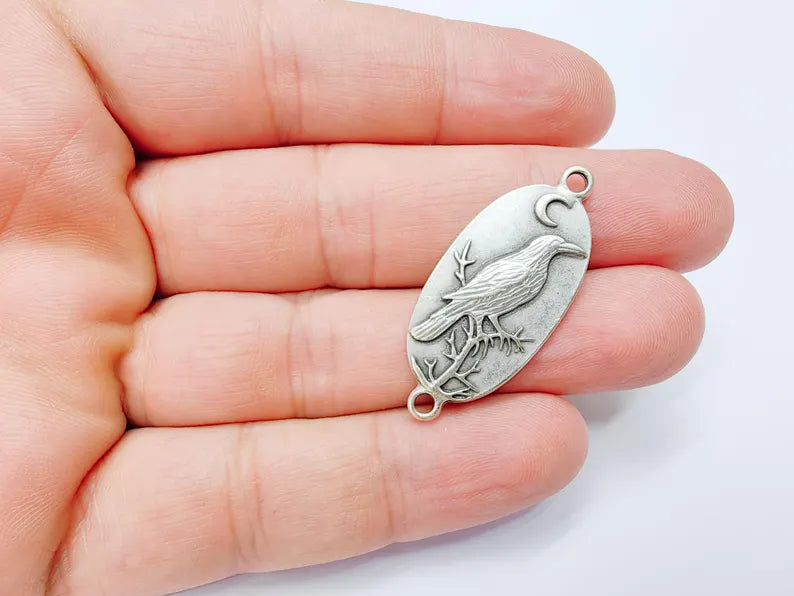 Raven Charm Connector, Gothic Boho Pendant, Bird and Moon Earring, Oval Celestial Mystical Necklace, Antique Silver Plated 38x17mm G37198