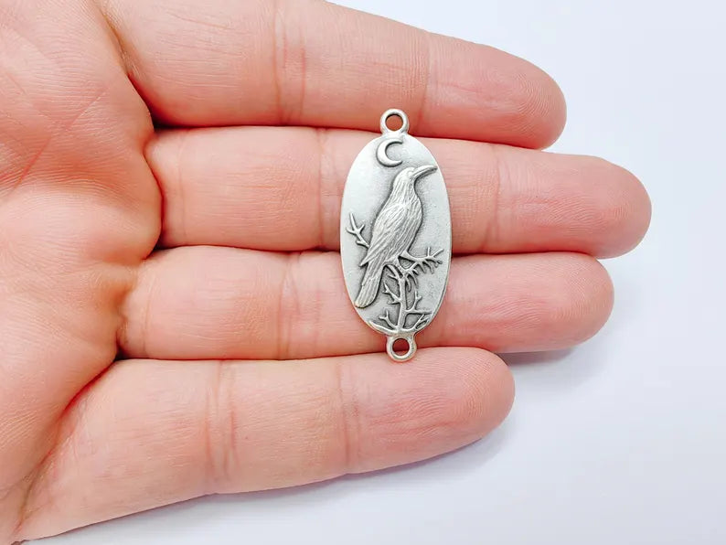 Raven Charm Connector, Gothic Boho Pendant, Bird and Moon Earring, Oval Celestial Mystical Necklace, Antique Silver Plated 38x17mm G37198