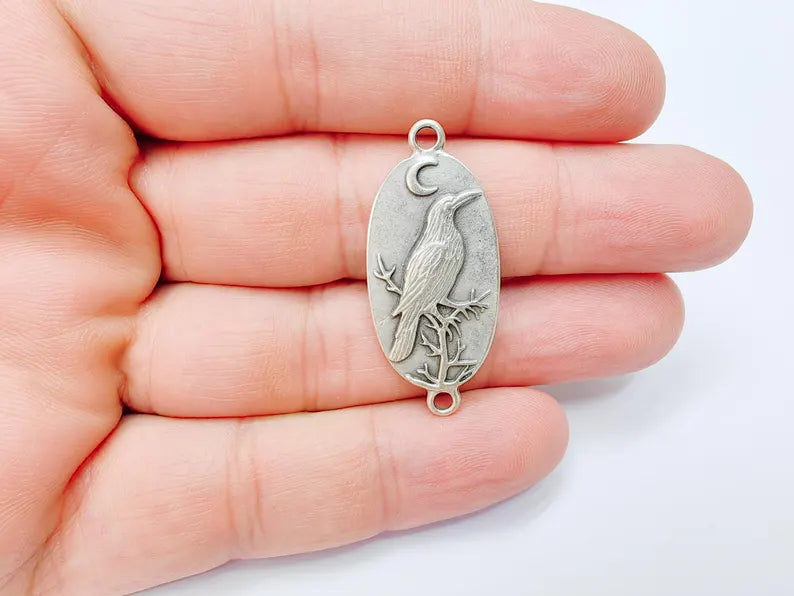 Raven Charm Connector, Gothic Boho Pendant, Bird and Moon Earring, Oval Celestial Mystical Necklace, Antique Silver Plated 38x17mm G37198