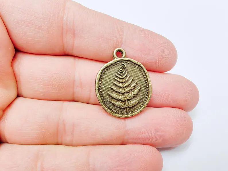 Fern Leaf Pendant Charm, Oval Botanical Jewelry, Nature Plant Medallion Necklace, Forest Leaf Earring, Antique Bronze Plated 27x22mm G37199