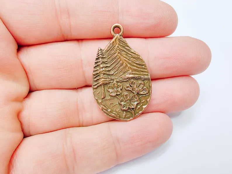 Mountain Flower Pendant, Nature Boho Charm, Rustic Outdoor Necklace, Wildflower Adventure, Antique Copper Plated Zamac 39x23mm G37202