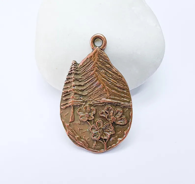 Mountain Flower Pendant, Nature Boho Charm, Rustic Outdoor Necklace, Wildflower Adventure, Antique Copper Plated Zamac 39x23mm G37202