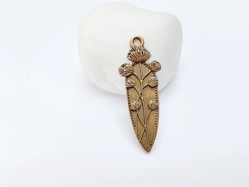 Thistle Pendant, Botanical Flower Charm for Necklace, Rustic Boho Jewelry Supply, Nature Jewelry Part, Antique Copper Plated 42x15mm G37206