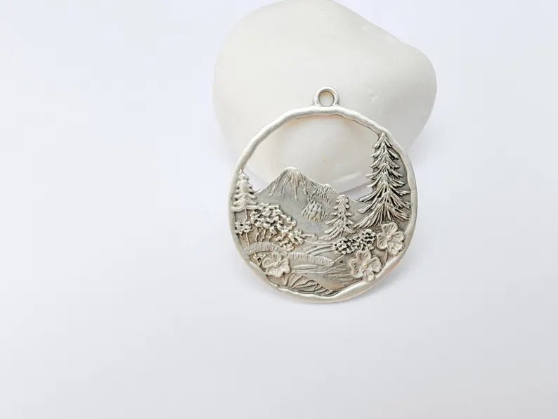 Mountain Tree and Flowers Pendant, Nature Forest Landscape Earring, Pine Tree Jewelry Component, Antique Silver Plated 44x39mm G37209