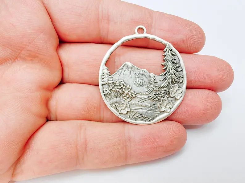Mountain Tree and Flowers Pendant, Nature Forest Landscape Earring, Pine Tree Jewelry Component, Antique Silver Plated 44x39mm G37209