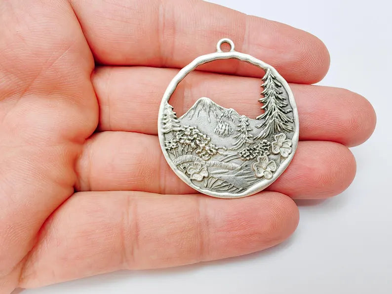 Mountain Tree and Flowers Pendant, Nature Forest Landscape Earring, Pine Tree Jewelry Component, Antique Silver Plated 44x39mm G37209