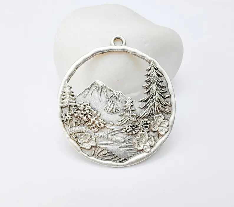 Mountain Tree and Flowers Pendant, Nature Forest Landscape Earring, Pine Tree Jewelry Component, Antique Silver Plated 44x39mm G37209