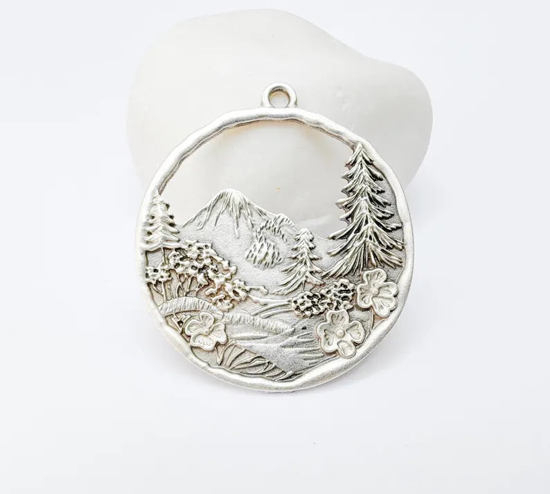 Mountain Tree and Flowers Pendant, Nature Forest Landscape Earring, Pine Tree Jewelry Component, Antique Silver Plated 44x39mm G37209