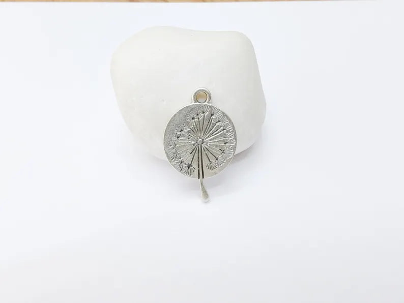 Dandelion Pendant, Botanical Wish Flower Charm, Boho Nature Necklace Part, Earring Making Supply, Antique Silver Plated 29x19mm G37208