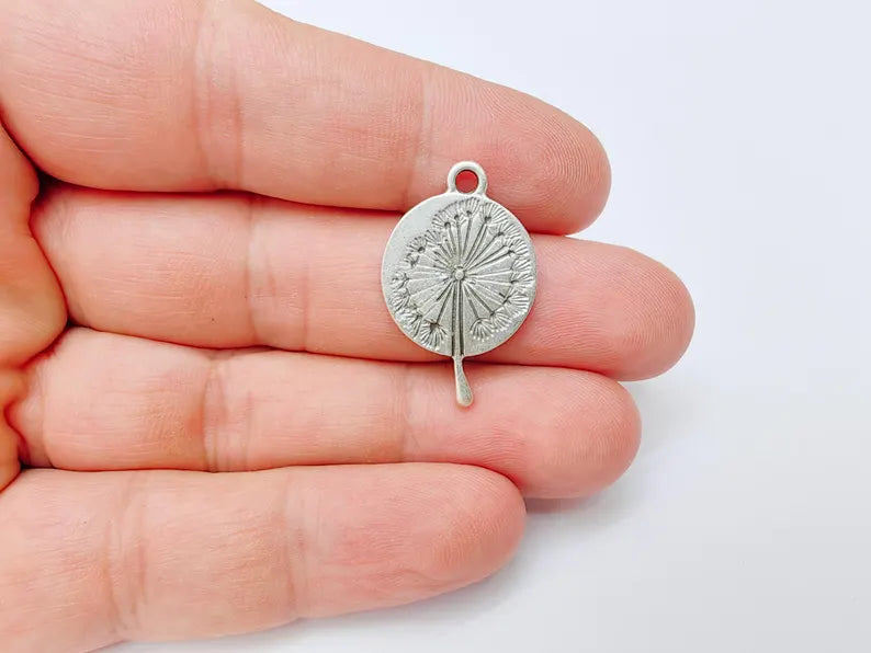 Dandelion Pendant, Botanical Wish Flower Charm, Boho Nature Necklace Part, Earring Making Supply, Antique Silver Plated 29x19mm G37208