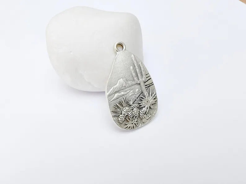 Desert Landscape Pendant, Cactus Teardrop Charm, Southwestern Jewelry, Mountain Nature Boho Pendant, Antique Silver Plated 35x22mm G37210