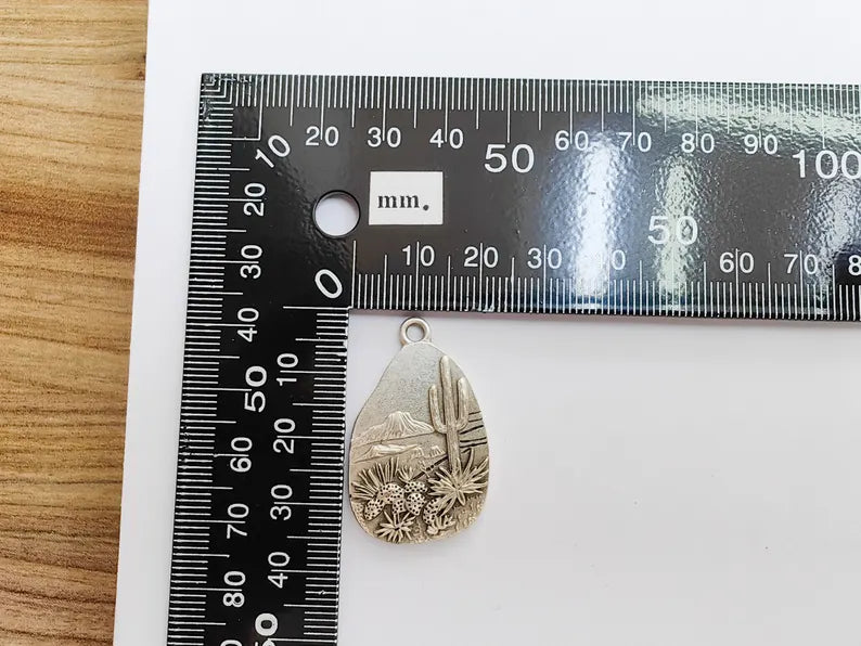 Desert Landscape Pendant, Cactus Teardrop Charm, Southwestern Jewelry, Mountain Nature Boho Pendant, Antique Silver Plated 35x22mm G37210