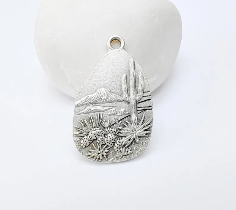 Desert Landscape Pendant, Cactus Teardrop Charm, Southwestern Jewelry, Mountain Nature Boho Pendant, Antique Silver Plated 35x22mm G37210