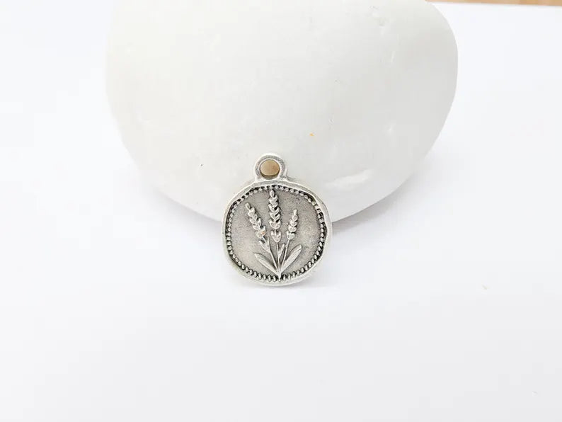 4 Lavender Flower Charm, Double Sided Botanical, Organic Shape Plant Charm, Nature Earring, Floral Tag, Antique Silver Plated 16x12mm G37211