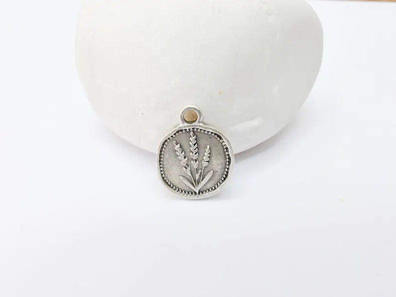 4 Lavender Flower Charm, Double Sided Botanical, Organic Shape Plant Charm, Nature Earring, Floral Tag, Antique Silver Plated 16x12mm G37211