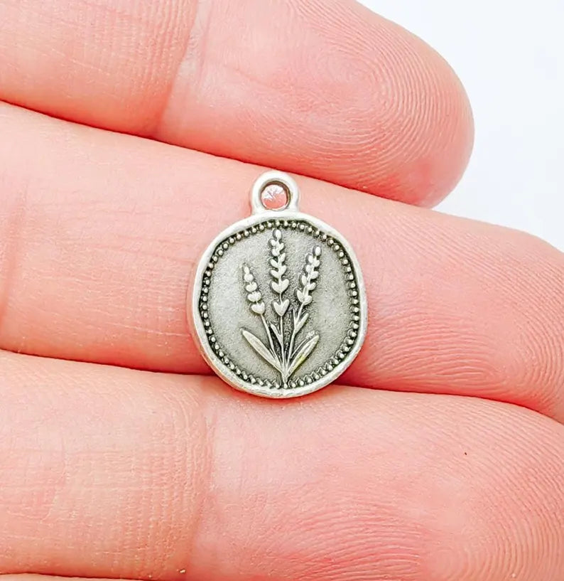 4 Lavender Flower Charm, Double Sided Botanical, Organic Shape Plant Charm, Nature Earring, Floral Tag, Antique Silver Plated 16x12mm G37211