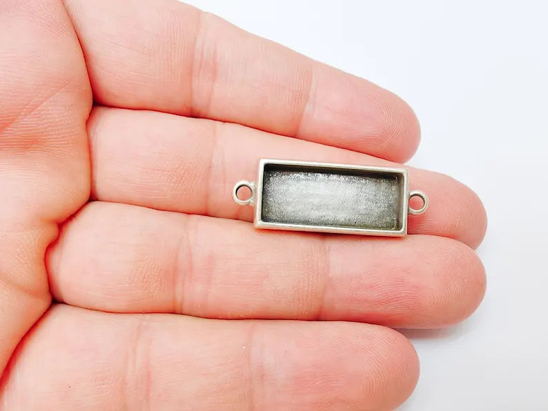 Rectangle Bezel Connector, Double Loop Cabochon Blank, Resin Bases, Mosaic Mounting, Epoxy Setting, Antique Silver Plated 25x10mm G37213