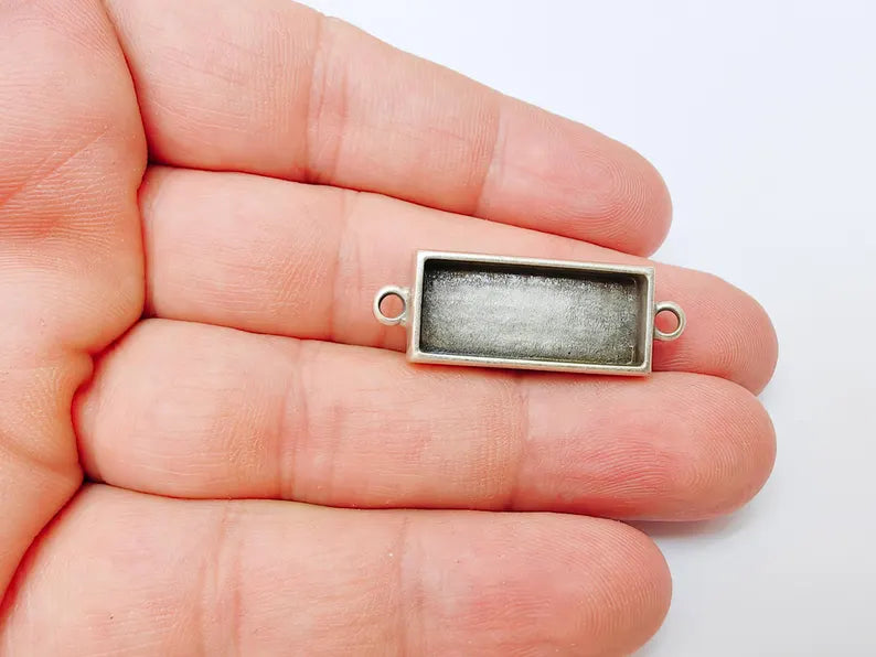 Rectangle Bezel Connector, Double Loop Cabochon Blank, Resin Bases, Mosaic Mounting, Epoxy Setting, Antique Silver Plated 25x10mm G37213