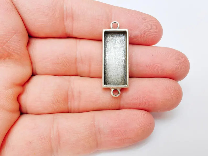 Rectangle Bezel Connector, Double Loop Cabochon Blank, Resin Bases, Mosaic Mounting, Epoxy Setting, Antique Silver Plated 25x10mm G37213