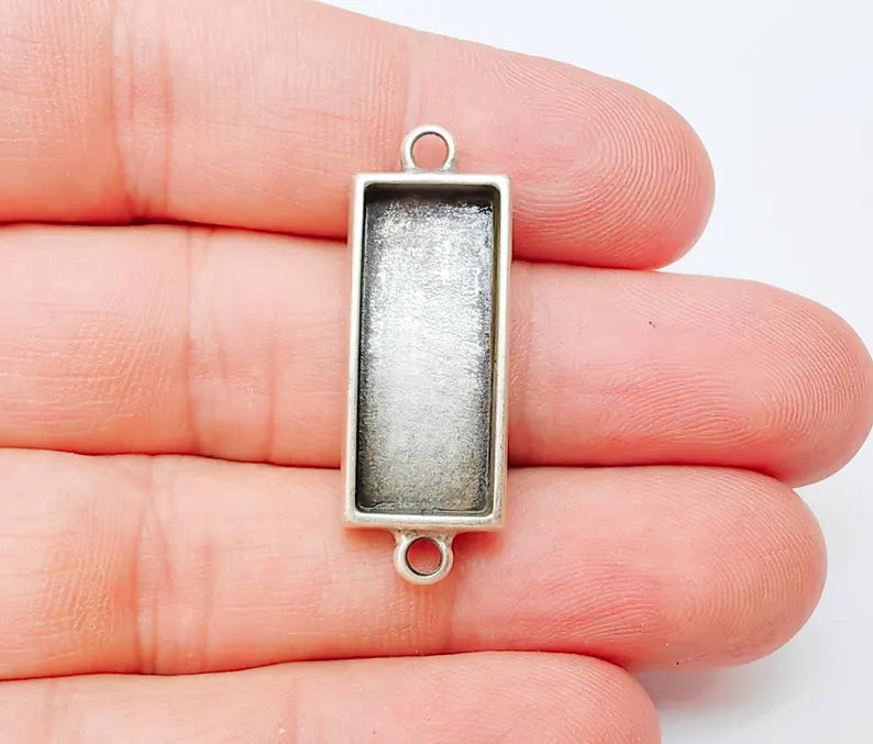 Rectangle Bezel Connector, Double Loop Cabochon Blank, Resin Bases, Mosaic Mounting, Epoxy Setting, Antique Silver Plated 25x10mm G37213