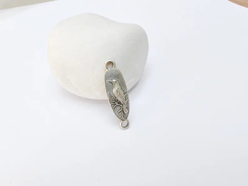 4 Raven Connector Charm Pendant, Gothic Boho Charm, Nature Earring Charm, Mystical Bird, Necklace Parts, Antique Silver Plated 30x9mm G37218