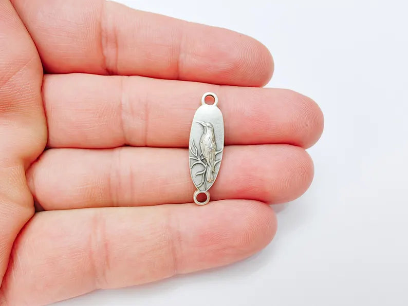 4 Raven Connector Charm Pendant, Gothic Boho Charm, Nature Earring Charm, Mystical Bird, Necklace Parts, Antique Silver Plated 30x9mm G37218