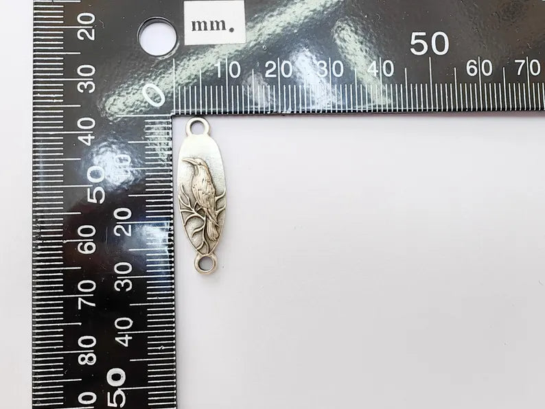 4 Raven Connector Charm Pendant, Gothic Boho Charm, Nature Earring Charm, Mystical Bird, Necklace Parts, Antique Silver Plated 30x9mm G37218