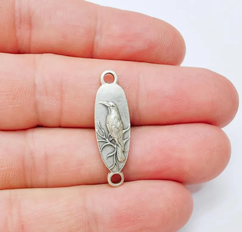 4 Raven Connector Charm Pendant, Gothic Boho Charm, Nature Earring Charm, Mystical Bird, Necklace Parts, Antique Silver Plated 30x9mm G37218