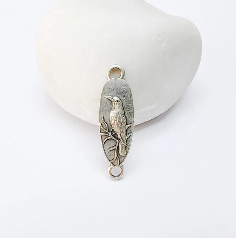 4 Raven Connector Charm Pendant, Gothic Boho Charm, Nature Earring Charm, Mystical Bird, Necklace Parts, Antique Silver Plated 30x9mm G37218