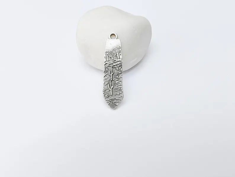 Desert Landscape Pendant, Cactus Charm, Long Vertical Metal Drop, Nature Jewelry, Boho Western Charm, Antique Silver Plated 43x11mm G37219