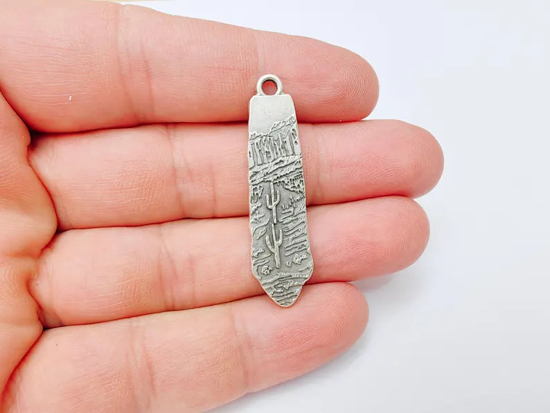 Desert Landscape Pendant, Cactus Charm, Long Vertical Metal Drop, Nature Jewelry, Boho Western Charm, Antique Silver Plated 43x11mm G37219