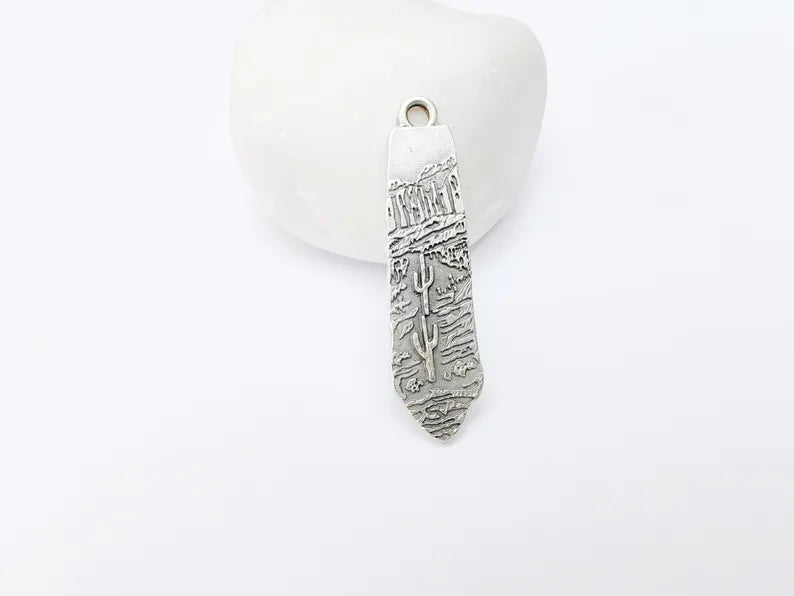 Desert Landscape Pendant, Cactus Charm, Long Vertical Metal Drop, Nature Jewelry, Boho Western Charm, Antique Silver Plated 43x11mm G37219