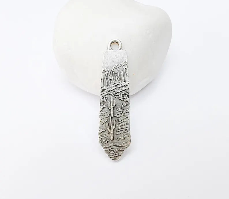 Desert Landscape Pendant, Cactus Charm, Long Vertical Metal Drop, Nature Jewelry, Boho Western Charm, Antique Silver Plated 43x11mm G37219