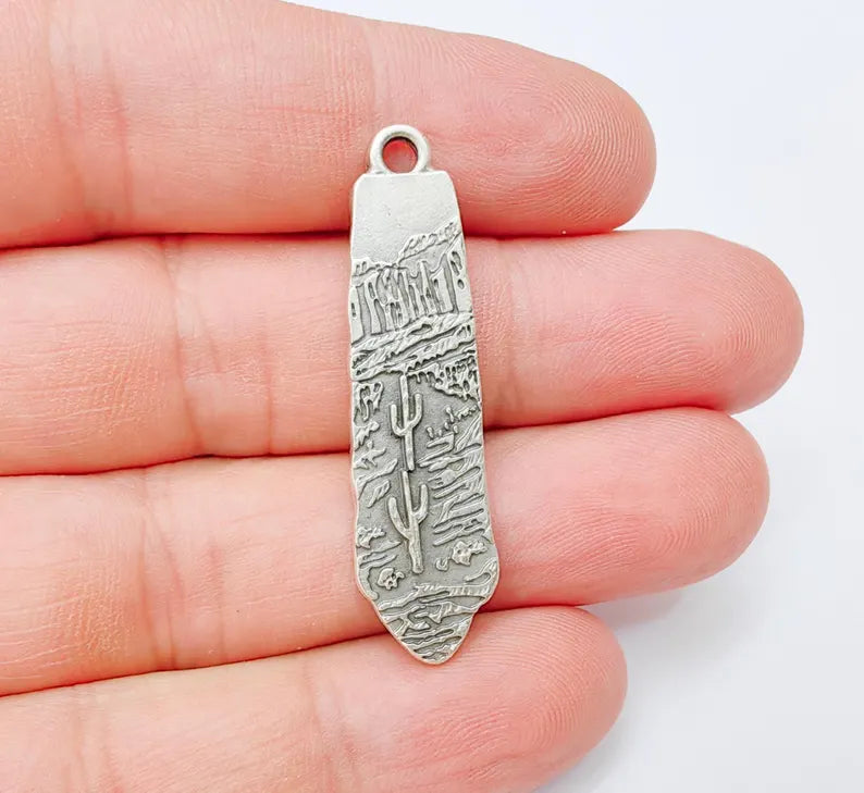 Desert Landscape Pendant, Cactus Charm, Long Vertical Metal Drop, Nature Jewelry, Boho Western Charm, Antique Silver Plated 43x11mm G37219