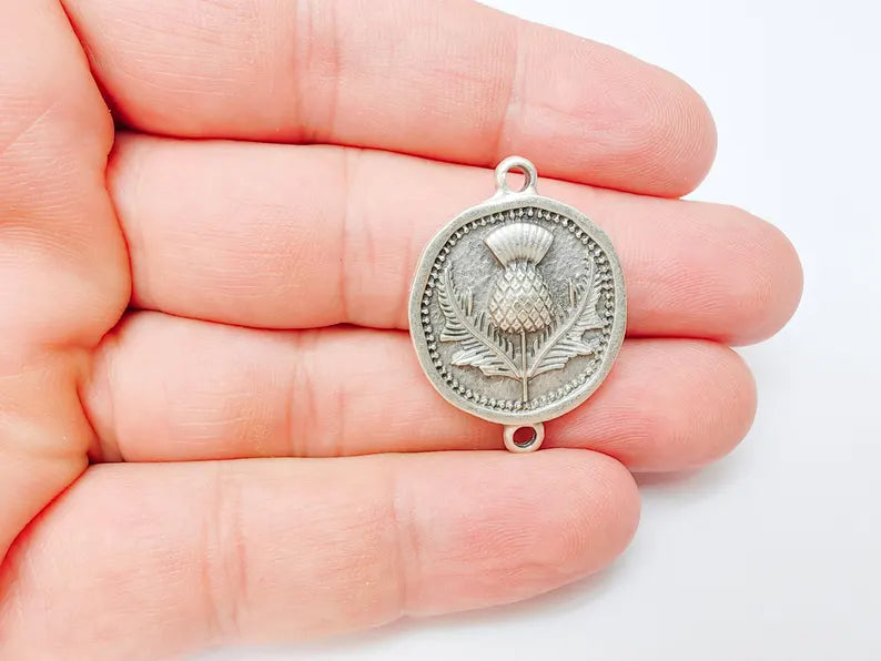 Thistle Connector Charms, Silver Flower Charms, Boho Charms, Earring Charms, Necklace Parts, Antique Silver Plated 33x24mm G37220