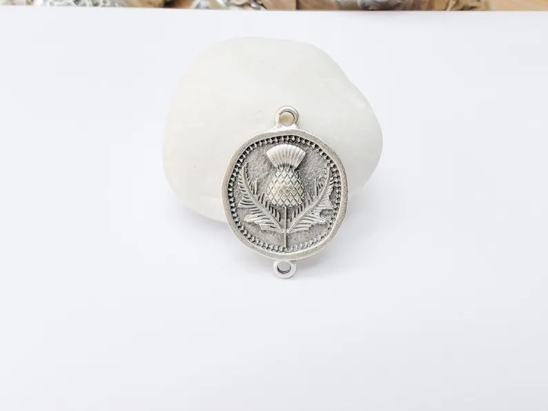 Thistle Connector Charms, Silver Flower Charms, Boho Charms, Earring Charms, Necklace Parts, Antique Silver Plated 33x24mm G37220