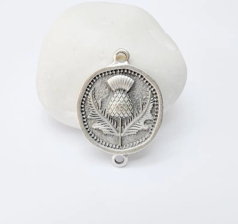 Thistle Connector Charms, Silver Flower Charms, Boho Charms, Earring Charms, Necklace Parts, Antique Silver Plated 33x24mm G37220