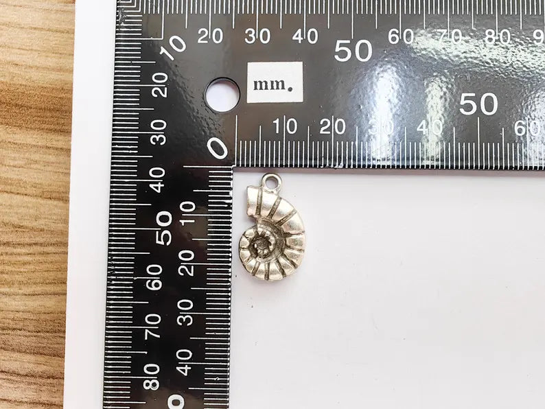 2 Ammonite Fossil Pendant, Spiral Shell Charm, Nautical Jewelry Supply, Prehistoric Sea Fossil, Antique Silver Plated 22x14mm G37221