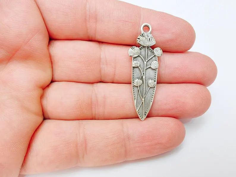 Thistle Pendant, Botanical Flower Charm for Necklace, Rustic Boho Jewelry Supply, Nature Jewelry Part, Antique Silver Plated 42x15mm G37223