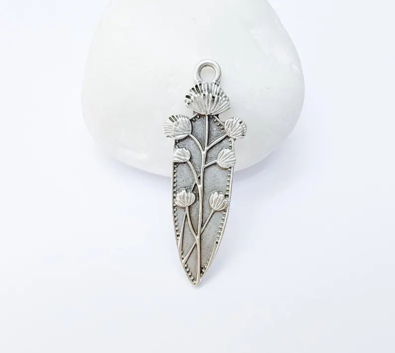 Thistle Pendant, Botanical Flower Charm for Necklace, Rustic Boho Jewelry Supply, Nature Jewelry Part, Antique Silver Plated 42x15mm G37223
