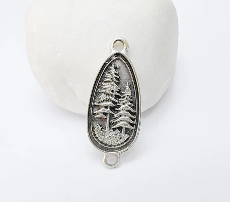 2 Pine Tree Forest Connector Charms, Nature Pendant Boho Earring Charms, Dangle Necklace Part, Antique Silver Plated Zamac 30x14mm G37224