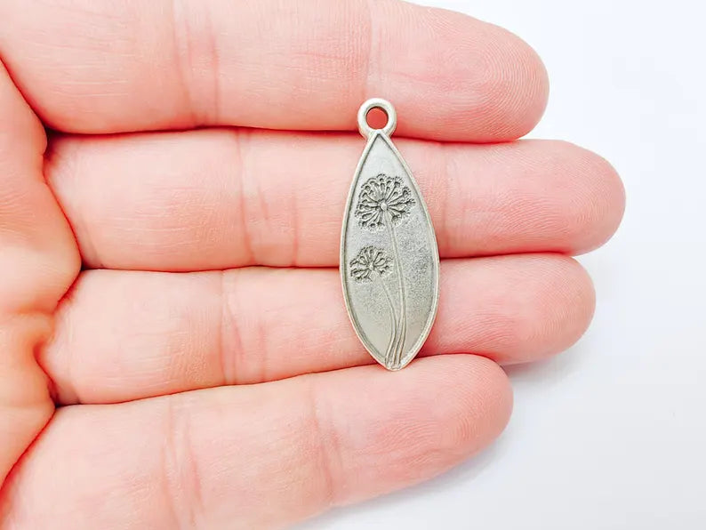 Dandelion Charm, Dandelion Flower Pendant, Wish Symbol Earring, Boho Nature Necklace Making Part, Antique Silver Plated 36x13mm G37226