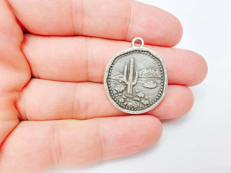 Desert Landscape Pendant, Cactus Teardrop Charm, Southwestern Jewelry, Mountain Nature Boho Pendant, Antique Silver Plated 35x22mm G37227